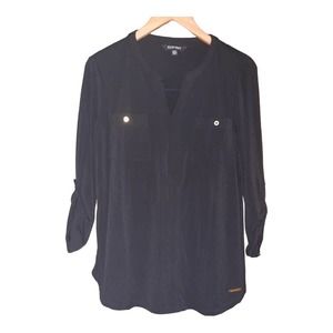 Ellen Tracy Womens Black Canglo Split Neck Pullover Top Size Medium NWT